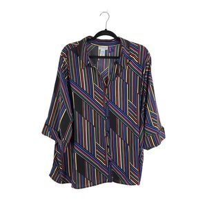 Catherines Multicolor Geometric Striped 3/4 Sleeve Button Up Blouse 3XWP Artsy